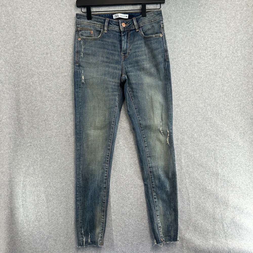 Zara Skinny Jeans Blue Distressed Raw Hem Casual Normcore Everyday Womens US 4 - Picture 1 of 12